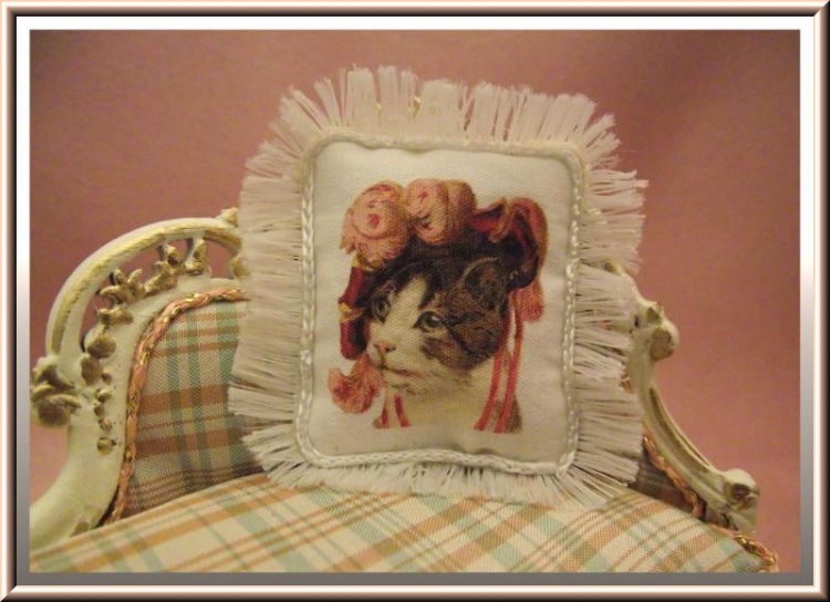 Dollhouse Kitty in Victorian Hat Pillow - Click Image to Close